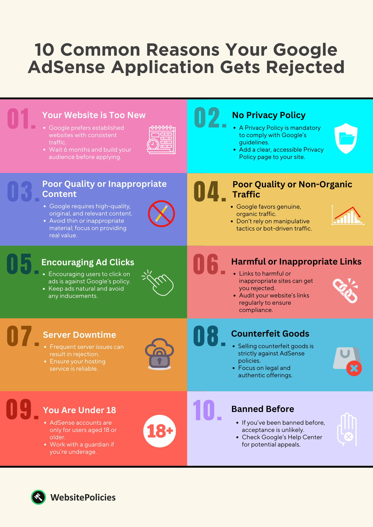 A colorful infographic showing the 10 common reasons your Google AdSense application gets rejected on a light yellow background.