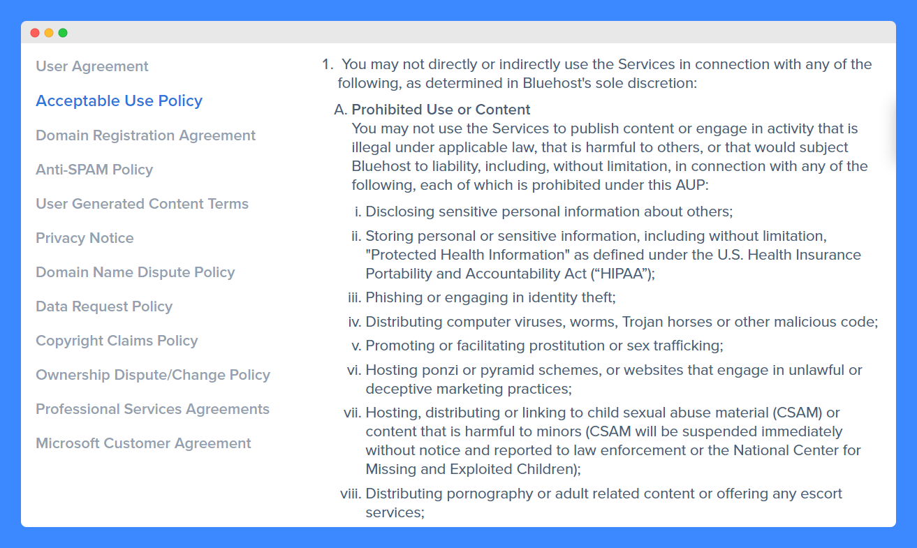 Prohibited Use or Content clause in Bluehost's acceptable use policy on a white background.
