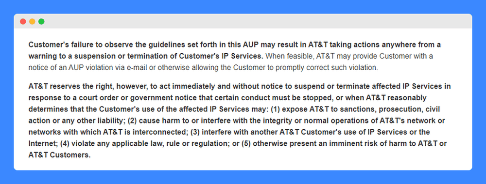AUP Enforcement and Notice clause in AT&T Acceptable use policy on a white background
