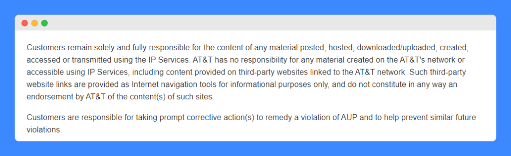 Customer Responsibilities clause in AT&T Acceptable use policy on a white background