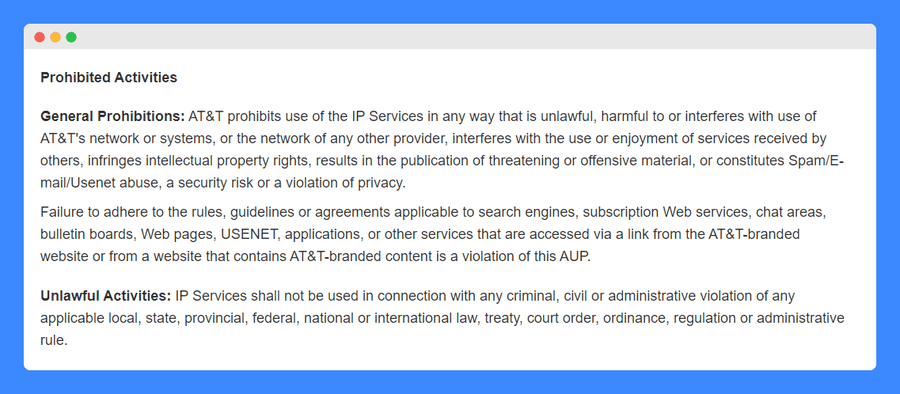 "Prohibited Activities" clause in AT&T Acceptable use policy on a white background