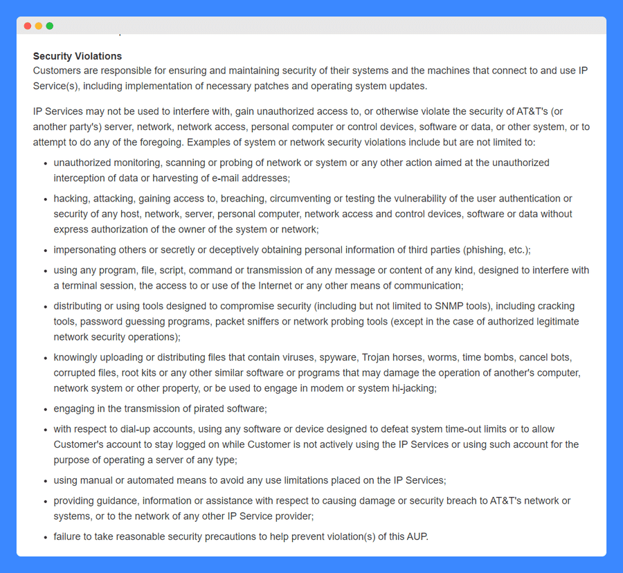 Security Violations clause in AT&T Acceptable use policy on a white background

