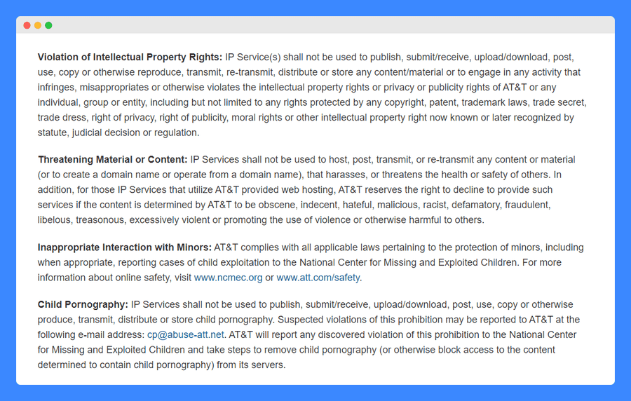 Unlawful Activities clause in AT&T Acceptable use policy on a white background
