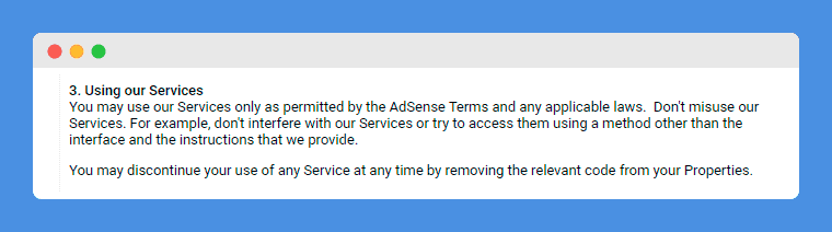 "Using our Services" clause in Google AdSense Online Terms of Service on a white background.