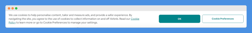 Cookie Consent banner with "ok" and "Cookie Preference" buttons in AirBnB's website on a white background