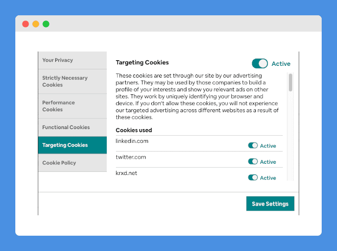 "Targeting Cookies" settings with save button and side menu options in AirBnB's cookies Preferences on a white background