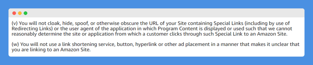 Prohibit link shortening tools clause in Amazon's Associates Program Policies on a white background