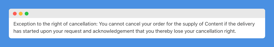 "Exception to the right of cancellation" clause in Apple Store's Terms and Conditions on a white background