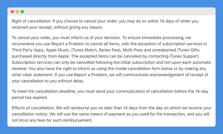 "Right of cancellation" clause in Apple Store's Terms and Conditions on a white background