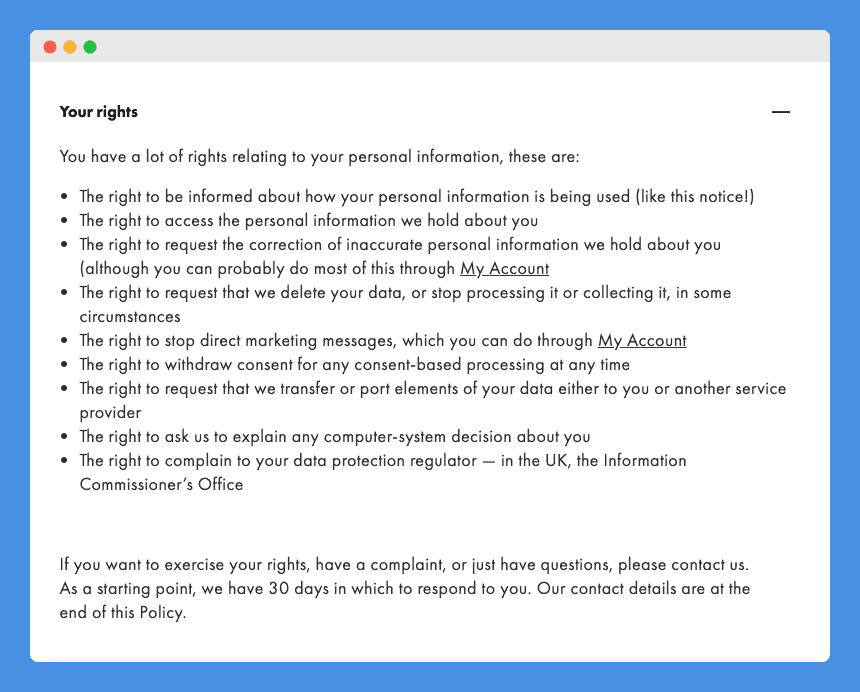 "Your rights" clause in Asos' Privacy Policy on a white background