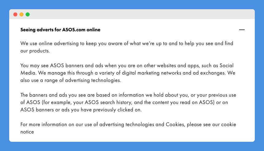 "Seeing adverts for ASOS.com online" clause in Asos' Privacy Policy on a white background