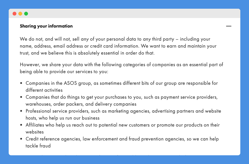 "Sharing your information" clause in Asos' Privacy Policy on a white background