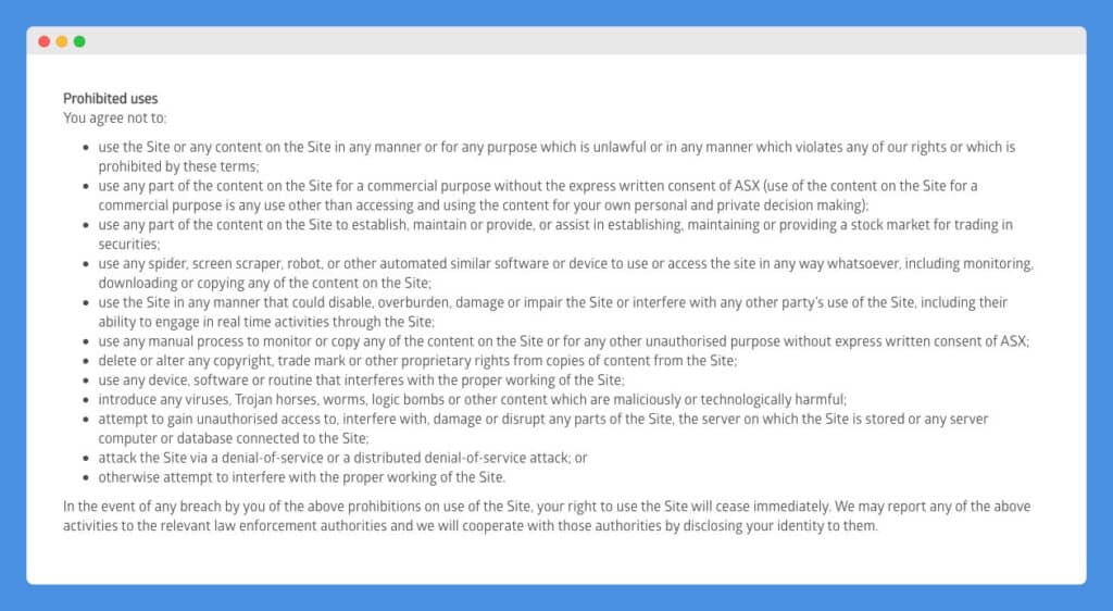 "Prohibited uses" clause in Australian Securities Exchange (ASX) Term of Use on a white background