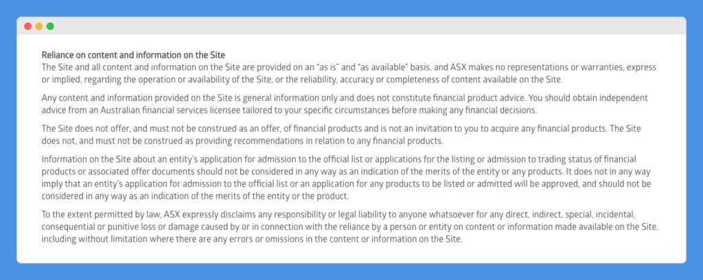 "Reliance on content and information on the Site" clause in Australian Securities Exchange (ASX) Term of Use on a white background