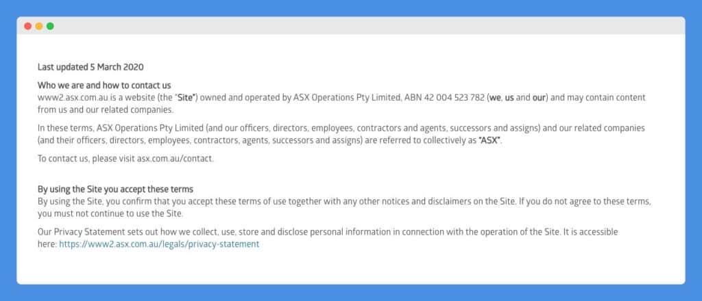 Updated Term of Use clause in Australian Securities Exchange (ASX) website on a white background