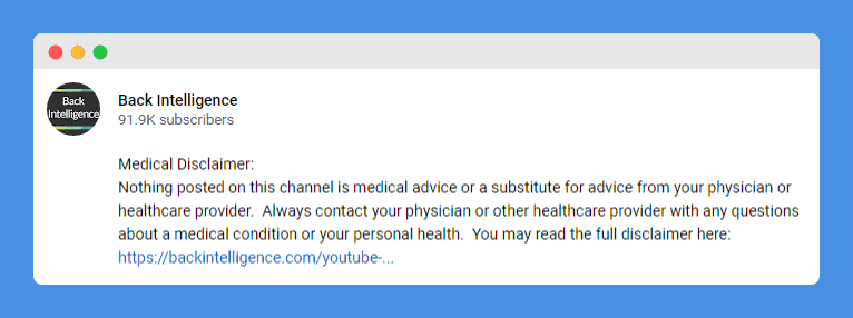 "Medical Disclaimer" clause in Back Intelligence's Youtube channel on a white background