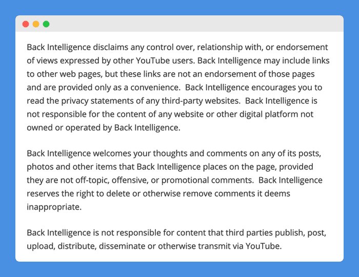 Third-Party Disclaimer clause in Back Intelligence's website on a white background