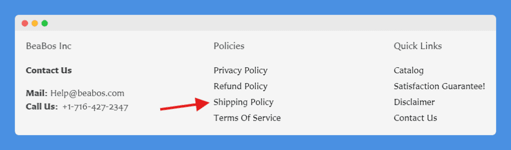Shipping Policy link in BeaBos Inc website footer on gray background