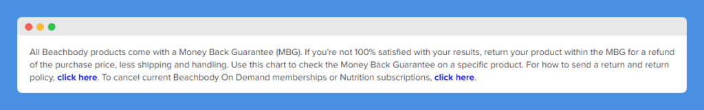 Money Back Guarantee clause in Beachbody's website on a white background