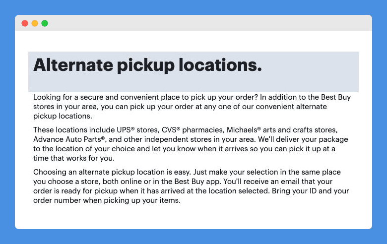 "Alternate pickup locations" clause in Best Buy's website on a white background