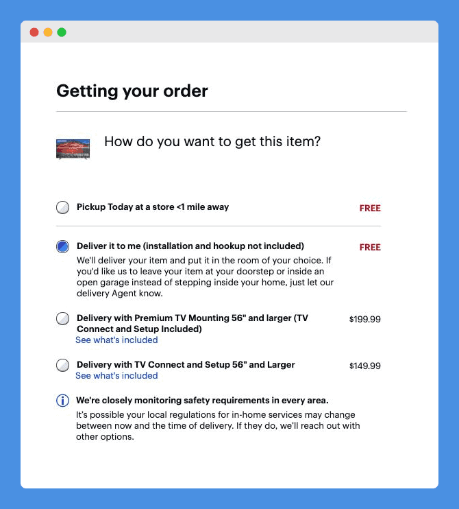 Delivery options with fees in in Best Buy's checkout page on a white background