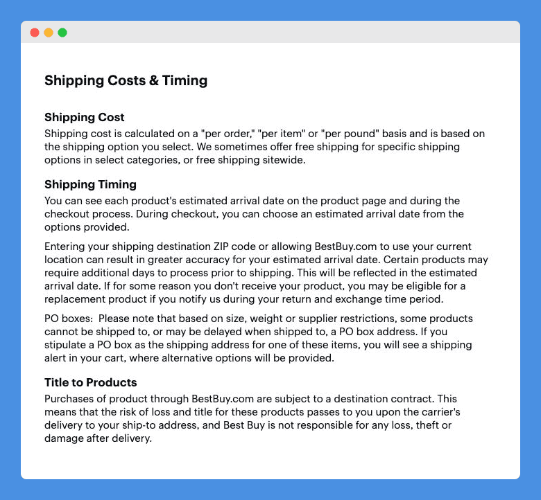 "Shipping Cost and Timing" clause in Best Buy's shipping policy on a white background