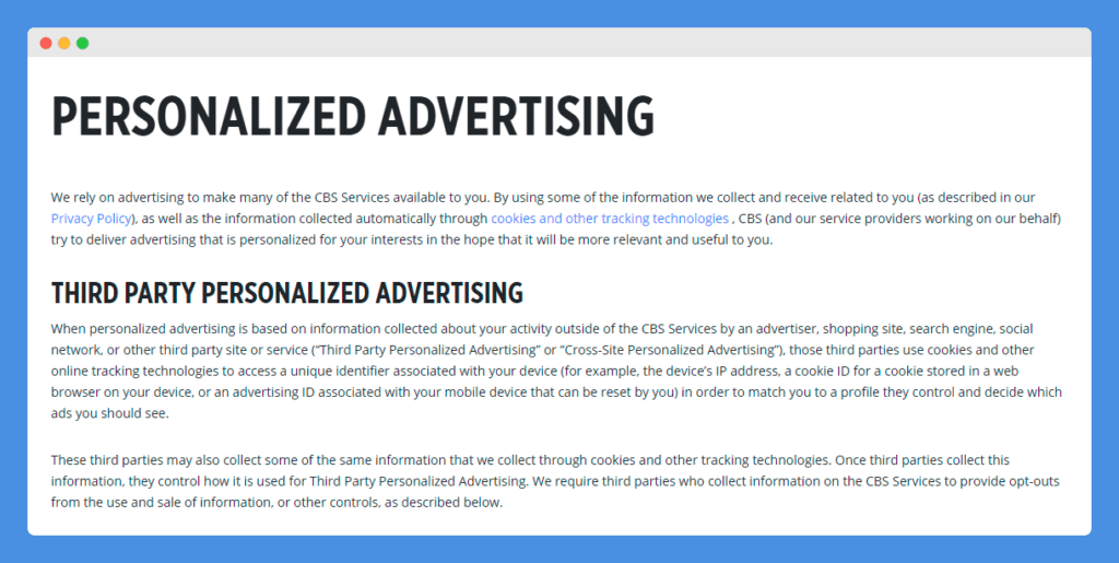 "Personalized Advertising" clause in CBS' Privacy Policy on a white background