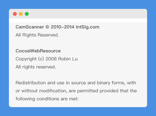 Copyright notice in CamScanner application's about section on a white background