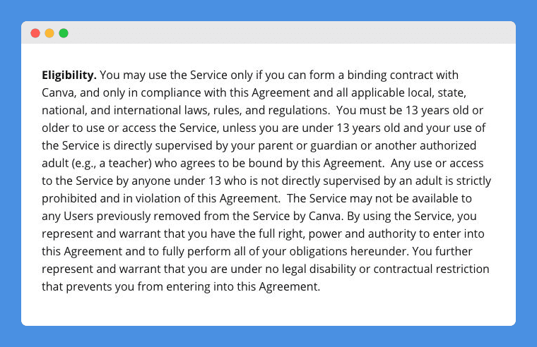 Eligibility clause in Canva's Term of Use on a white background