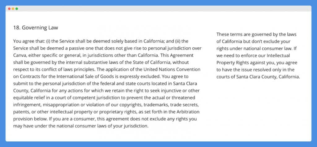 "Governing Law" clause in Canva's Term of Use on a white background