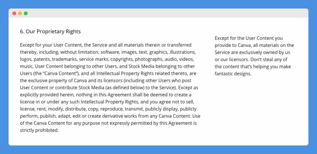"Our Proprietary Rights" clause in Canva's Term of Use on a white background