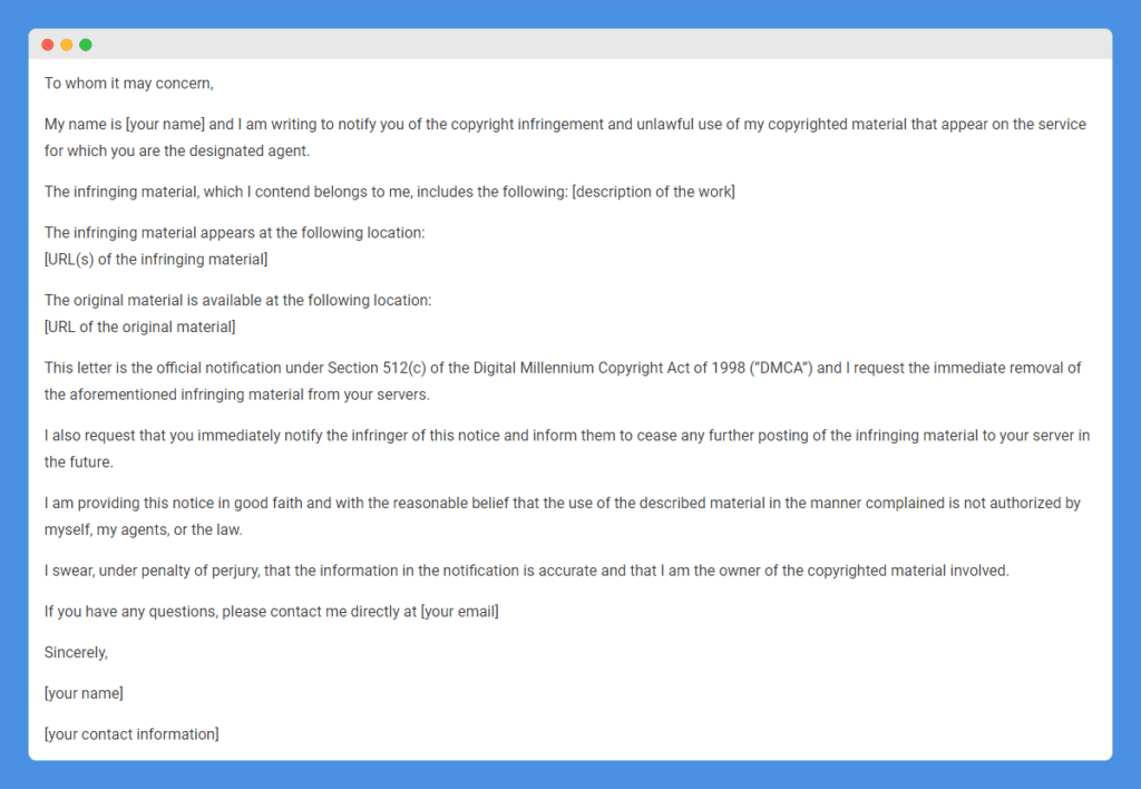 DMCA Takedown Notice Template clause on a white background