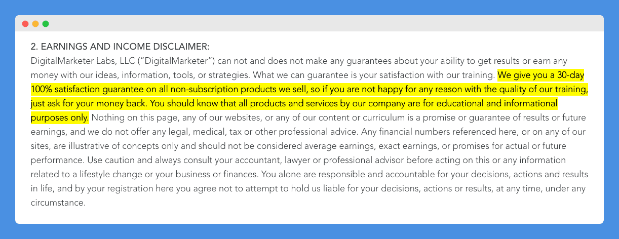 Money-back guarantee clause with yellow highlight under "Earnings and Income Disclaimer" in DigitalMarketer’s Terms and Conditions on a white background.