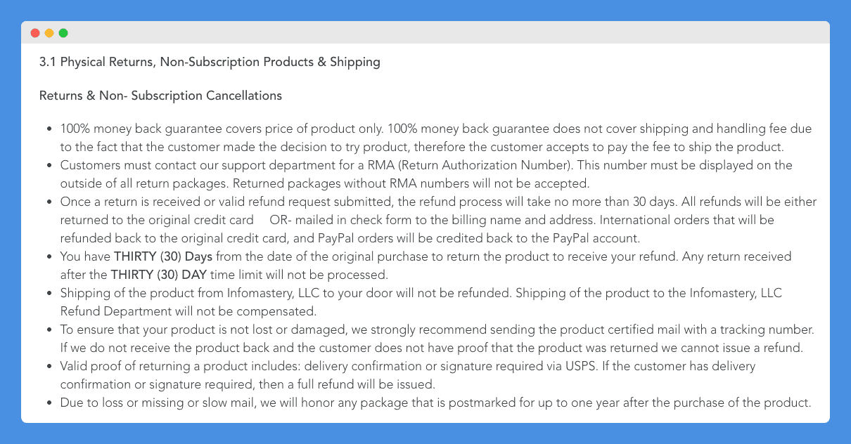 "Physical Returns, Non-Subscription Products & Shipping" clause in DigitalMarketer’s Terms and Conditions on a white background.