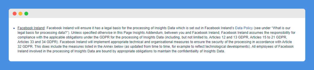 Facebook Ireland Page Insights clause in Facebook's website on a white background