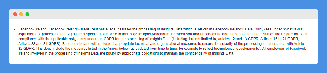 Facebook Ireland Page Insights clause in Facebook's website on a white background