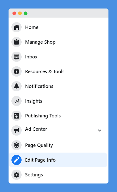 "Edit Page Info" link in Facebook Business Account side menu options on a white background