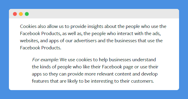 Cookies policy clause in Facebook's website on a white background