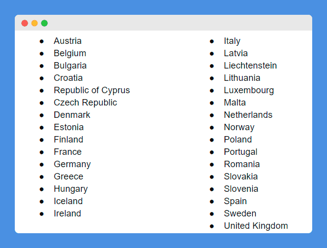 List of countries located in the European Economic Area (EEA) in Facebook's Pages, Groups, and Events Policies Addendum on a white background