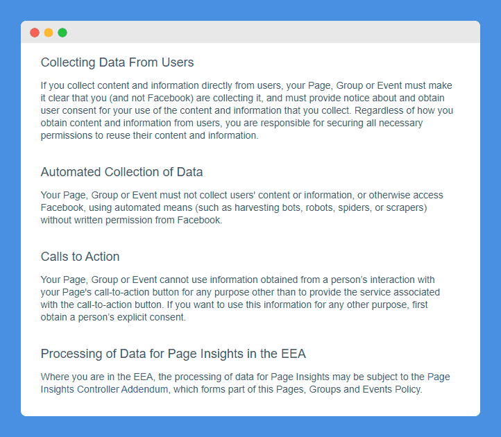 Collection of Data clause in Facebook's Pages, Groups, and Events Policies on a white background