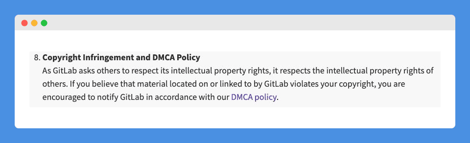 "Copyright Infringement and DMCA Policy" clause with gray highlight in GitLab's term of use on a white background