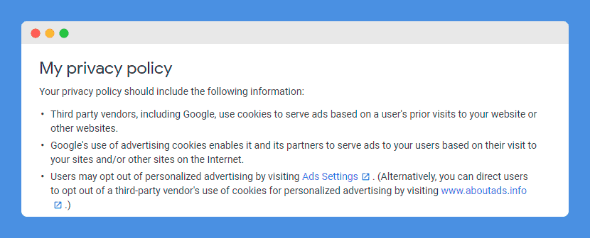 "My privacy policy" clause in Google AdSense Help Centre on a white background.