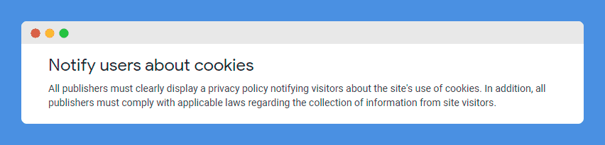 "Notify users about cookies" clause in Google AdSense Help Centre on a white background.