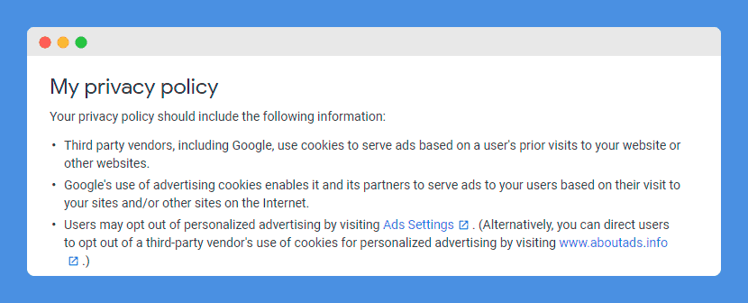 "My privacy policy" clause in Google AdSense Online Terms of Service on a white background.