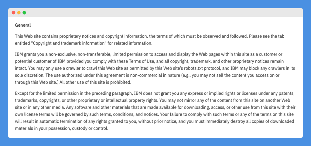 "General" clause in IBM's Terms of Use on a white background