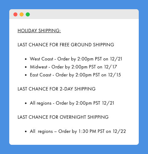 "Holiday Shipping" clause in L Space’s Shipping Policy on a white background