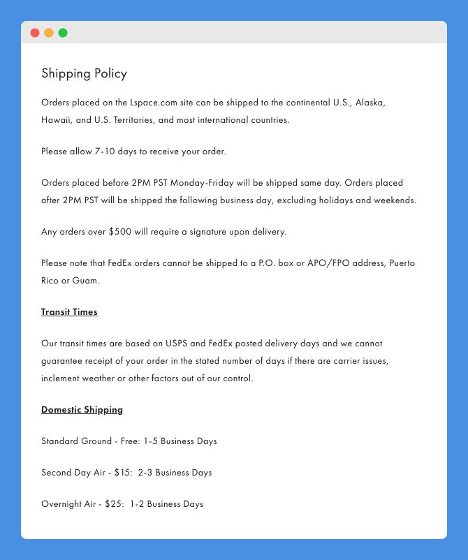 "Shipping Policy" clause in L Space’s website on a white background