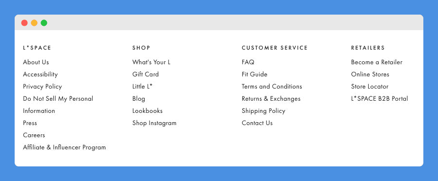 Shipping Policy link in L Space’s website footer on a white background