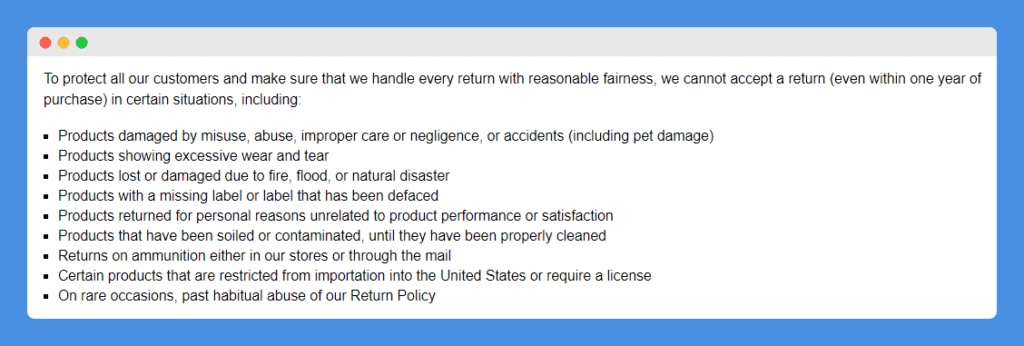 Special Conditions clause in L.L. Bean's Return Policy on white background