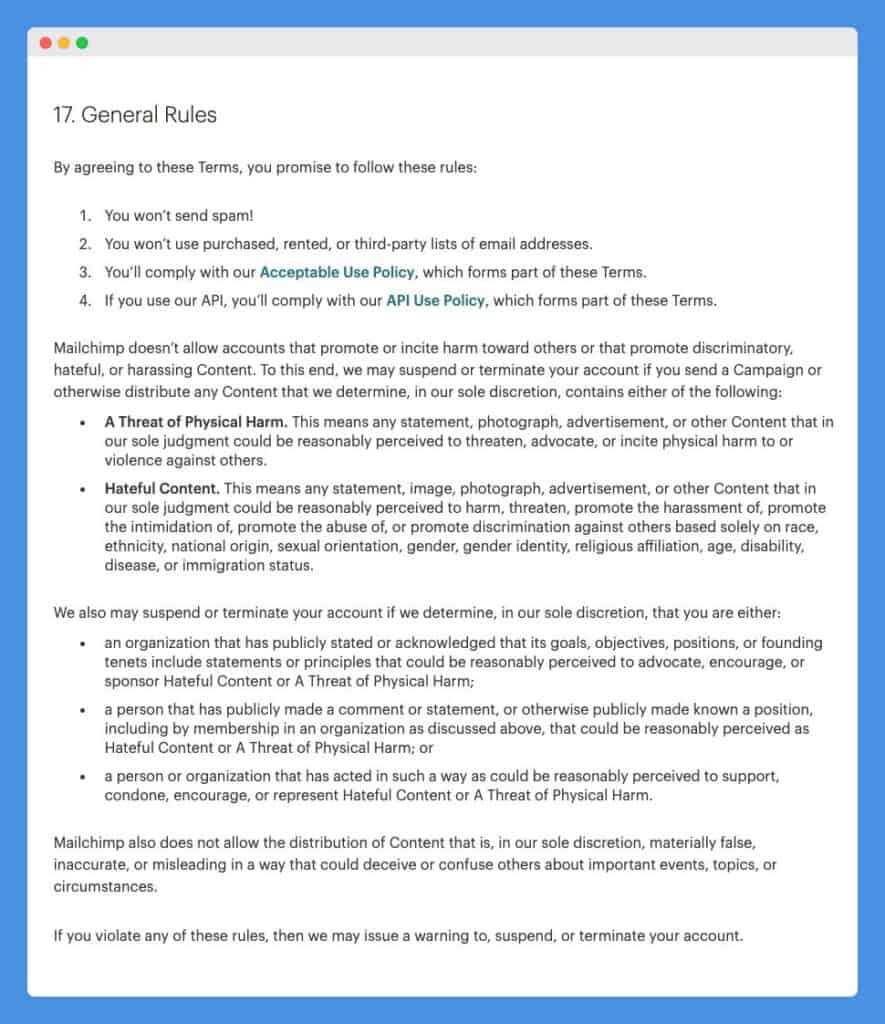 "General Rules" clause in Mailchimp's Term of Use on a white background